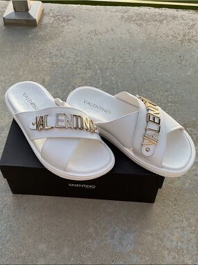 Valentino White Slide Sandals with Gold Logo Plaque